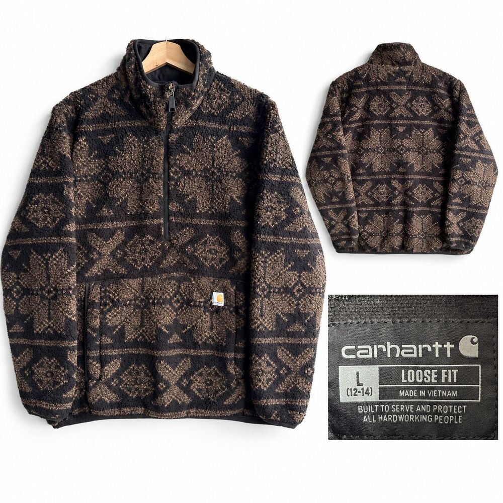 Carhartt Fleece Pullover Women’s Large Black Gold Aztec Print Loose Fit 1/2 Zip